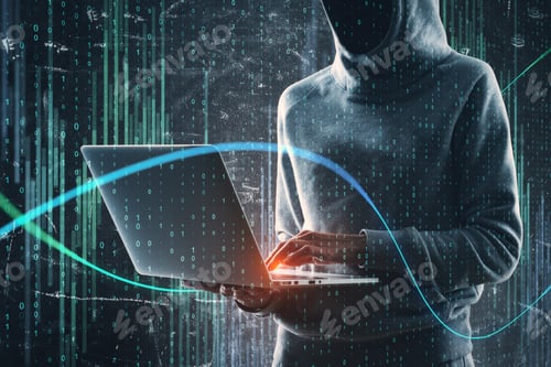 Preview: Side View Of Hacker In Hoodie Using Laptop With Forex Chart On Blurry Binary Code Background