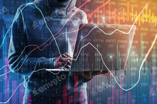 Preview: Side View Of Hacker Using Laptop With Forex Chart. Hacking And Buy Concept. Double Exposure