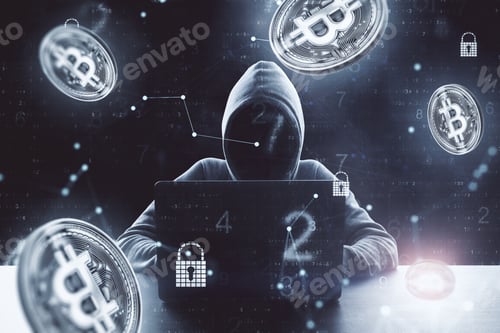 Preview: Hacker Working On Laptop With Flying Bitcoin Icon On Dark Background. Cryptocurrency And Payment