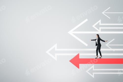 Preview: Businesswoman Walking On Abstract Red Arrow On Gray Background. Growth And Forward Concept.
