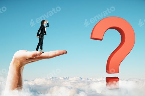 Preview: Businesswoman Standing On Abstract Hand And Red Question Mark And Looking Into The Distance. Blue