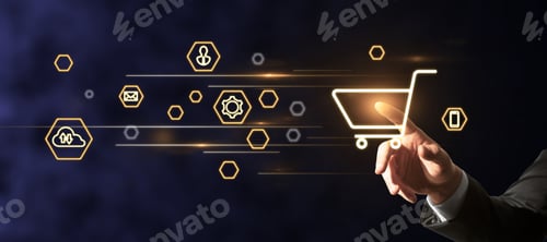 Preview: Businessman Hand Pointing At Abstract Glowing Online Shopping Icons On Blurry Blue Background. Buy