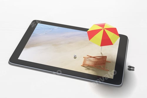 Preview: Online Booking Concept With Digital Tablet And Deack Chair With Umbrella
