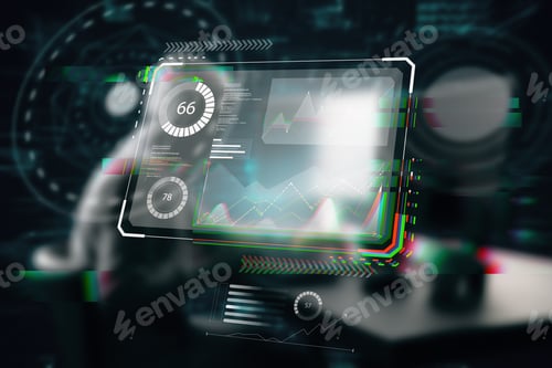 Preview: Hacker At Desktop Using Computers On Abstract Glowing Business Hologram Interface On Dark