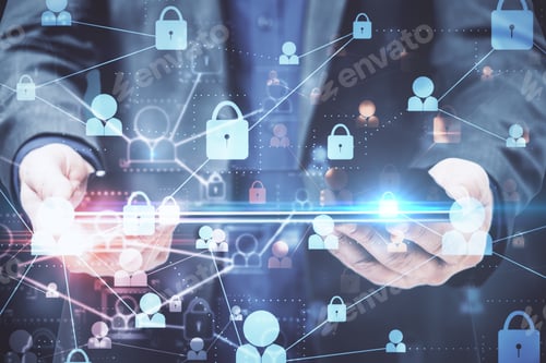 Preview: Businessman Holding Digital Tablet With Glowing Digital Padlock Interface. Access And Safety