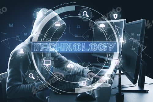 Preview: Hacker Working Works At Computer With Glowing Technology Interface. Global Business And Information