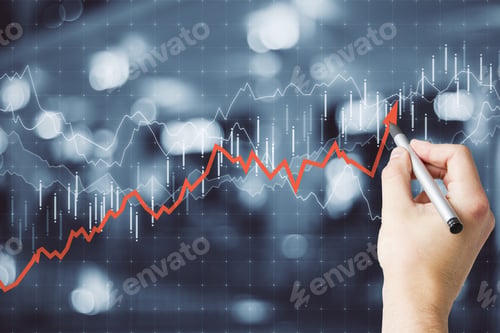 Preview: Hand Drawing Upward Red Arrow On Blurry City Background. Increase, Growth And Trade Concept