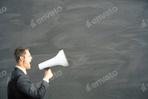 Preview: Caucasian Businessman Shouting Into Megaphone. Mock Up