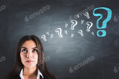 Preview: Portrait Of Attractive Young Businesswoman With Drawn Question Marks. Doubt And Confusion Concept