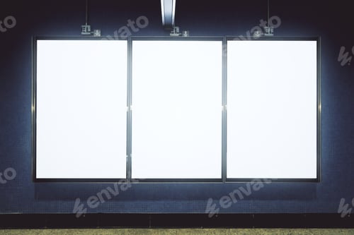 Preview: Front View Of Empty White Underground Poster On Gray Wall. Advertisement And Urban Concept. Mock Up