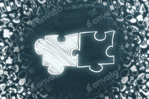 Preview: Creative Background With Business Sketch And Puzzle Pieces. Teamwork, Partnership And Leadership