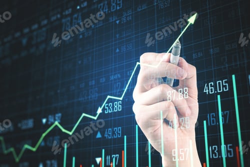 Preview: Hand Drawing Glowing Stock Chart On Dark Background. Trade And Analysis Concept. Multiexposure