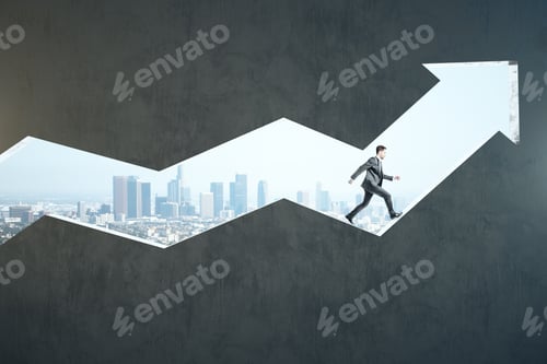 Preview: Businessman Walking On Abstract Transparent Arrow On City Background. Business And Challenge