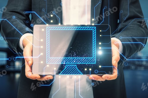 Vista previa: Close Up Of Businessman Hands Holding Tablet With Aabstract Glowing Computer Monitor Chip And