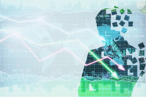 Preview: Side View Of Thoughtful Man Silhouette On Abstract Forex Background With Copy Space. Finance