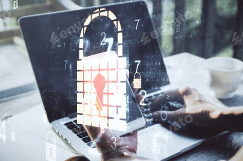 Preview: Hand Using Of Laptop On Desktop With Creative Glowing Padlock Interface. Safety And Protection