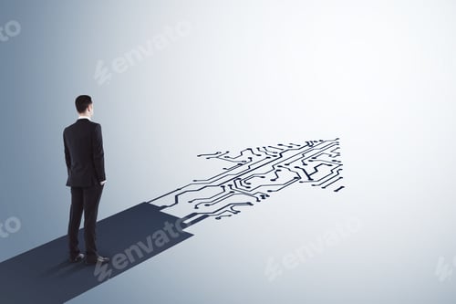 Preview: Businessman Standing On Abstract Circuit Arrow Sketch On White Background With Mock Up Place