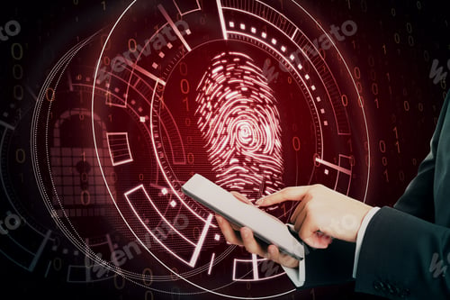 Preview: Businessman Using Smartphone On Creative Blurry Red Finger Print Scan Interface. Scanning And Id