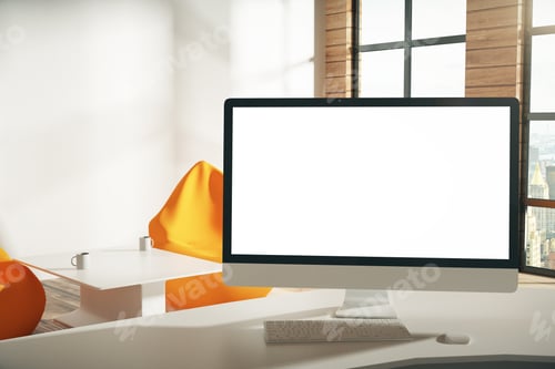 Preview: Blank White Computer Screen On The Table In The Modern Office, Mock Up