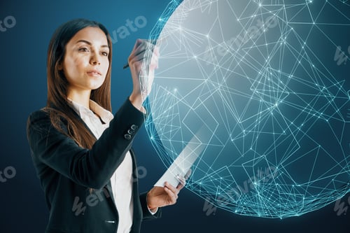 Preview: Attractive Young European Businesswoman Pointing At Creative Glowing Polygonal Globe On Dark