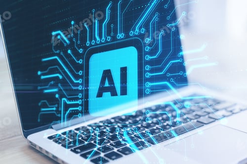 Preview: Close Up Of Notebook With Abstract Glowing Ai Chip On Blurry Background. Artificial Intelligence