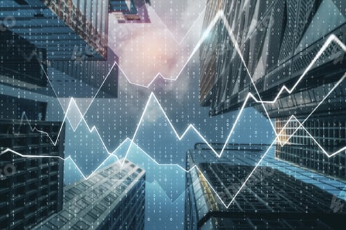 Preview: Creative City Background With Forex Chart And Numbers. Trade And Analysis Concept. Double Exposure