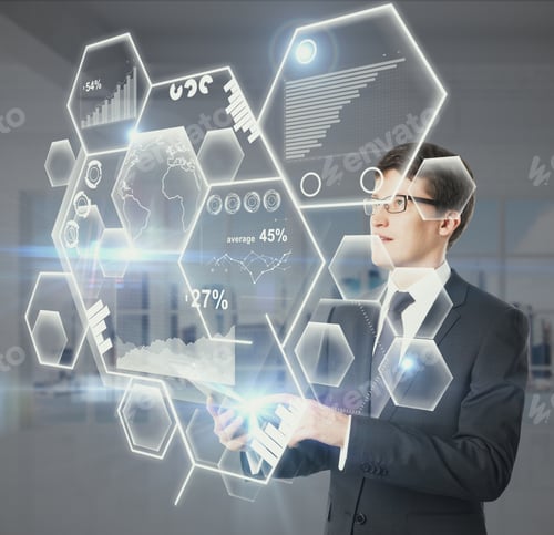 Preview: Businessman Using Device With Abstract Honeycomb Chart And Diagram Hologram. Business Technology