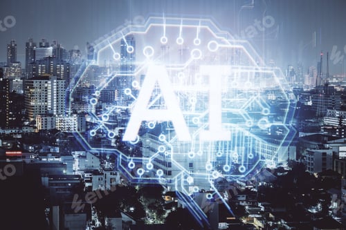 Preview: Creative Night City With Ai Brain Interface. Artificial Intelligence And Technology Concept. Double