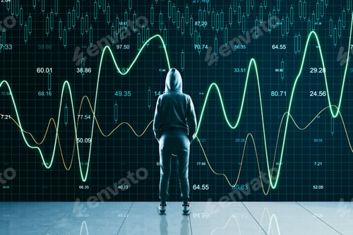 Preview: Hacker Looking On Glowing Stock Chart On Virtual Screen. Hacking And Cyber Attack Concept.