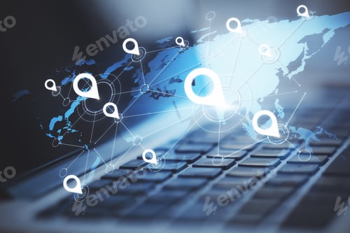 Preview: Technology And Global Connection Concept. Close Up Of Digital Map With Location Pins And Laptop On
