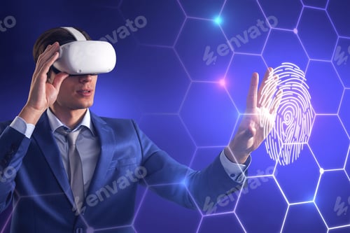 Preview: Attractive Young European Male With Vr Glasses On Blue Background With Digital Thumb Print