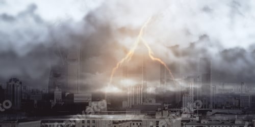 Preview: Abstract City Background With Thunderstorm And Mock Up Place. Weather And Dramatic Nature Concept