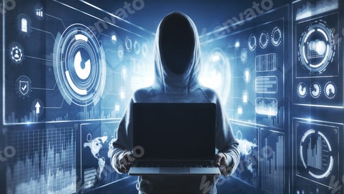 Preview: No Face Hacker With Mockup Black Laptop In Hands At Abstract Digital Interface Background