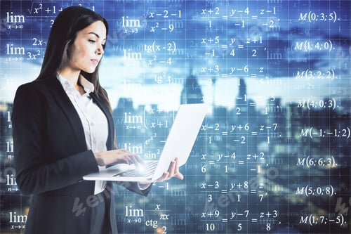 Vista previa: Side View Of Young Businesswoman Using Laptop On Abstract Mathematical Formulas And City