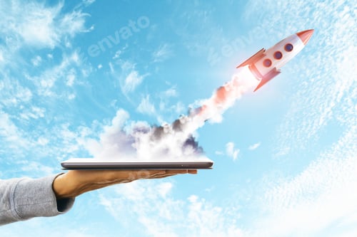 Preview: Hand Holding Smartphone With Launching Rocket On Sky Background. Startup And Technology Concept