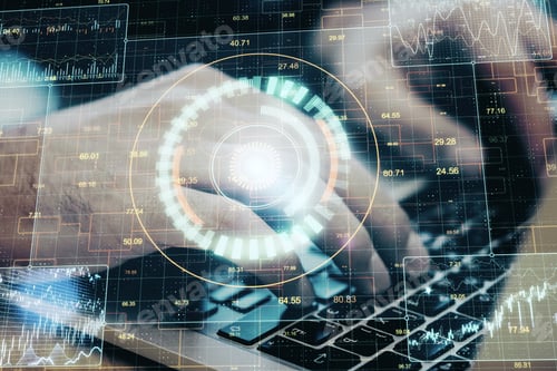 Preview: Hand Using Laptop With Abstract Global Network Interface. Business And Technology Concept