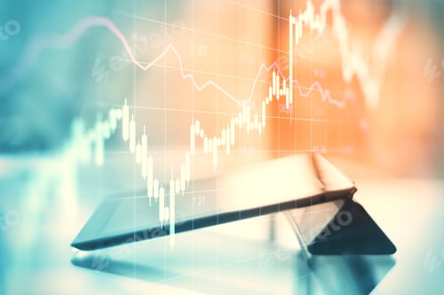 Preview: Close Up Of Tablet On Desktop With Abstract Forex Chart Hologram. Analytics And Trade Concept