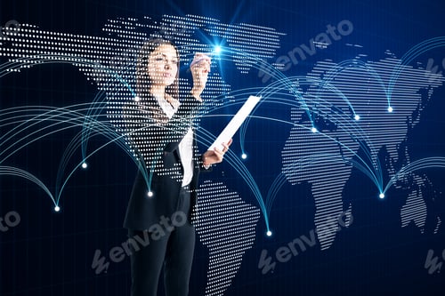 Preview: Businesswoman Hand Using Glowing Map With Connections On Dark Background. Ai And Social Concept