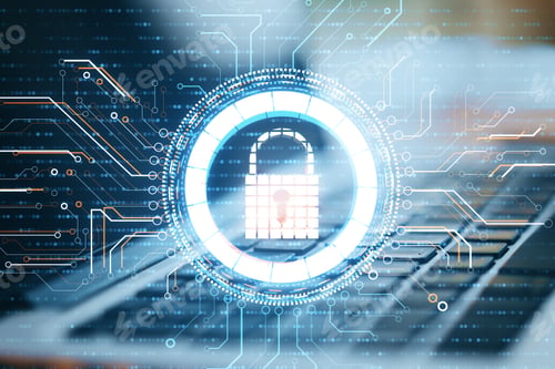 Preview: Laptop Computer With Glowing Digital Padlock Interface. Safety And Protection Concept. Close Up