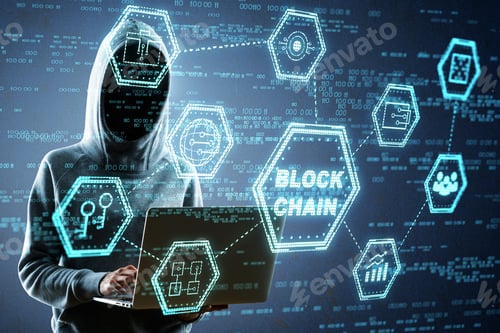 Preview: Technology And Blockchain Concept. Hacker Using Laptop With Digital Business Interface. Double
