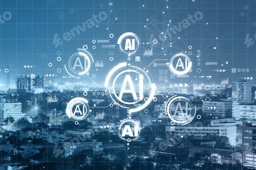 Preview: Creative Ai Hologram On Blurry Night City Background. Artificial Intelligence, Ai, Technology And