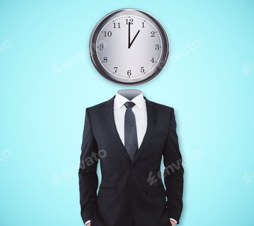 Preview: Clock Headed Businessman Standing On Blue Wall Background. Punctual Concept