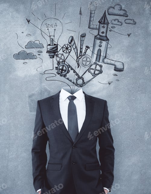 Preview: Headless Businessman Standing On Concrete Background With Business Sketch. Plan Concept