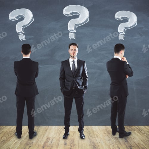 Preview: Three Businessmans In Suit With Drawing Question Marks Over Head. Confusion And Challenge Concept