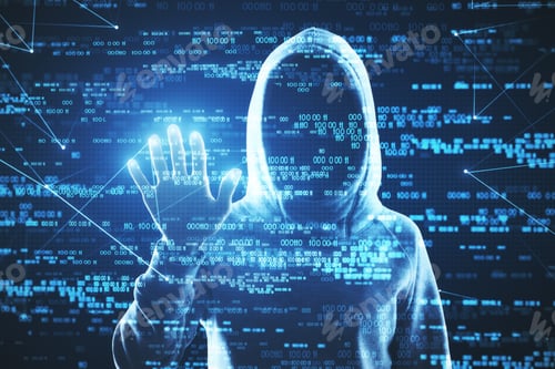 Preview: Hacker Using Abstract Blue Digital Number Interface With Hand. Cyberspace And Hacking Concept