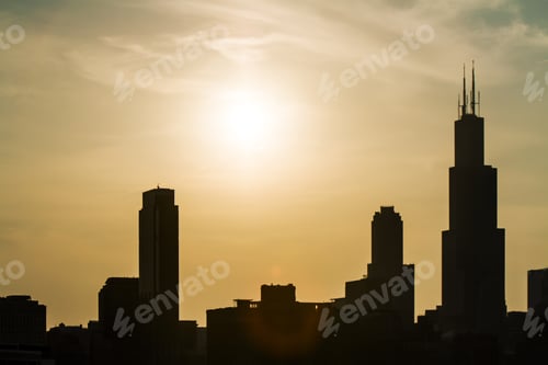 Preview: Backlit Chicago City Skyline Background At Sunset. Urban Architecture Concept