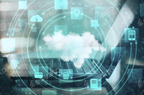 Preview: Laptop With Cloud Computing Diagram. Cloud Computing And Network Concept.