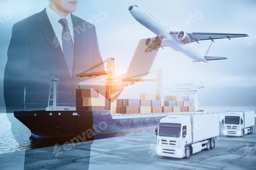 Preview: Businessman With Laptop Computer Standing On Abstract Double Exposure Background With Cargo