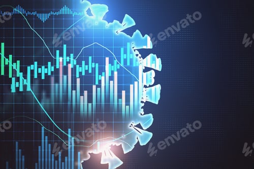 Preview: Creative Forex Chart Backdrop With Candlestick Graph And Virus Cells Coronavirus 2019-Ncov. Trade