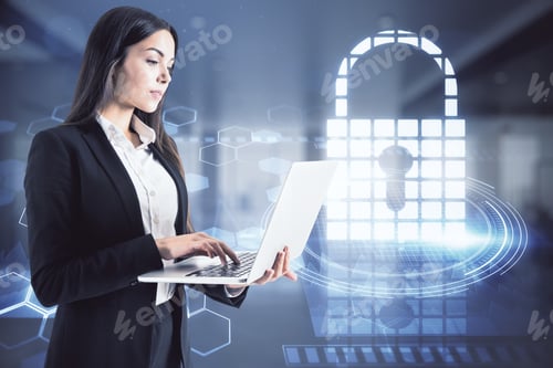Preview: Attractive Young Woman Using Laptop With Digital Padlock Screen On Blurry Office Interior